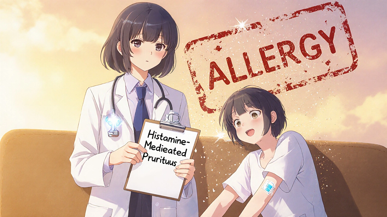 A doctor points to a correct diagnosis as a patient smiles, fentanyl patch glowing softly while an old allergy label fades away.