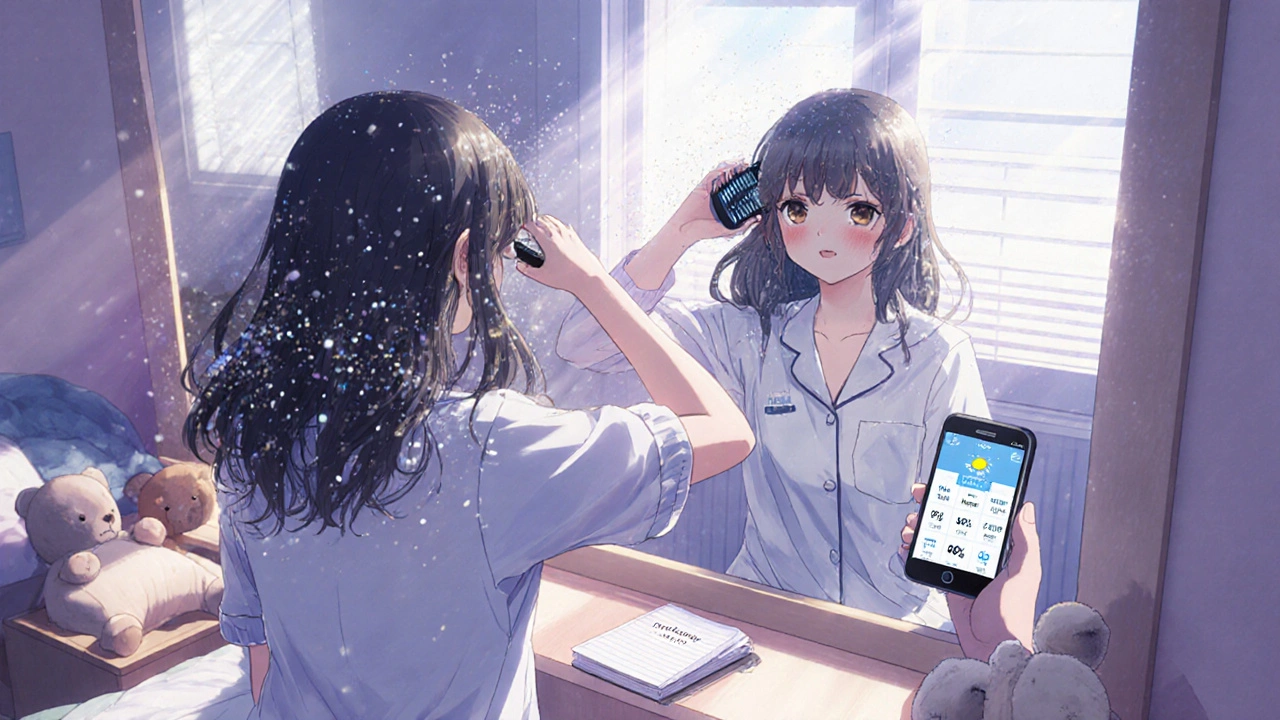 A girl brushes pollen from her hair after a walk, with a weather app showing reduced counts from yesterday&#039;s rain.