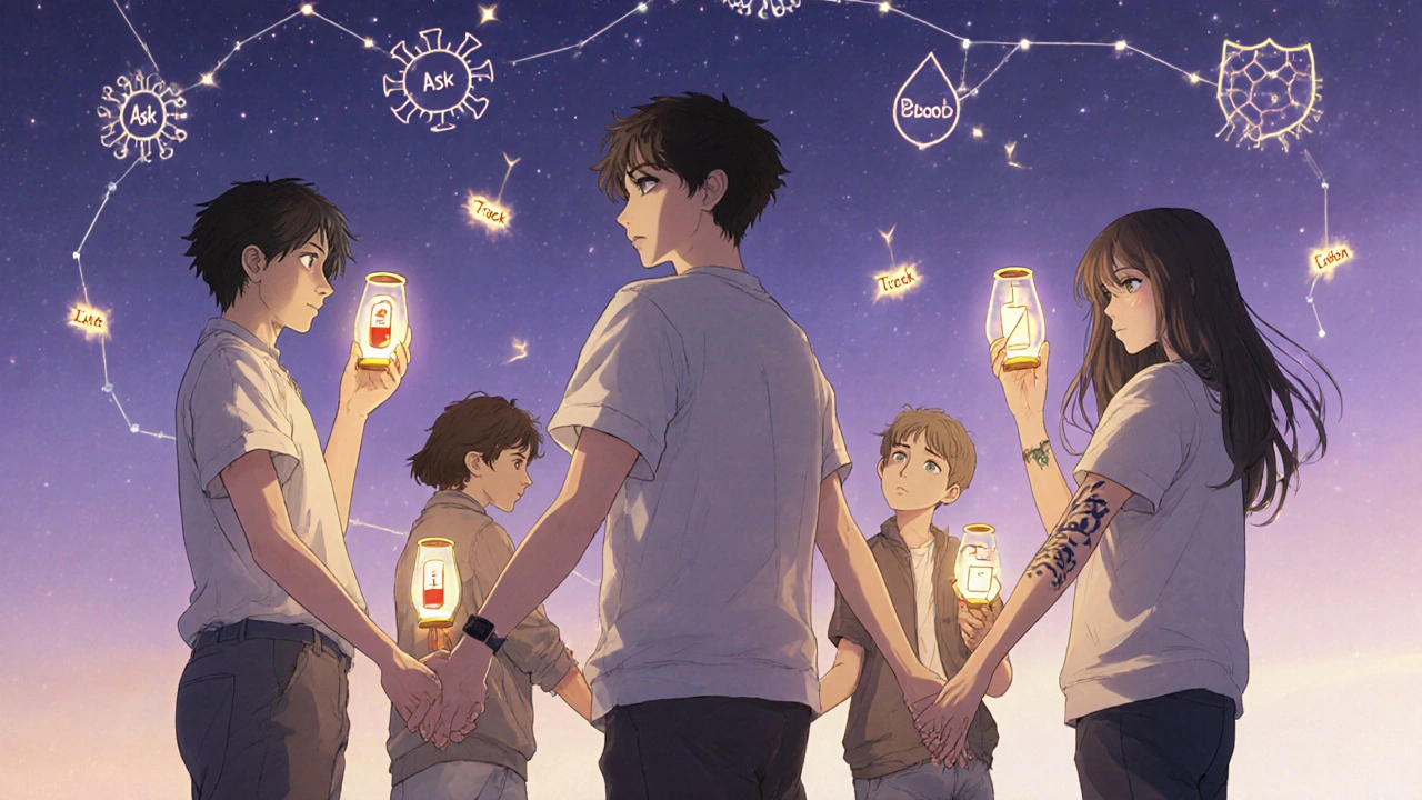 A group of young people hold glowing lanterns shaped like medical symbols under a starry sky.
