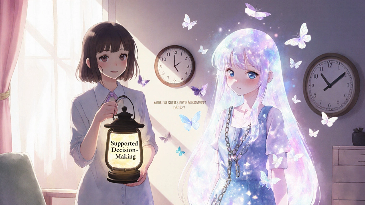 A mental health worker holds a lantern as a woman with a fragmented aura chooses between autonomy and guardianship.