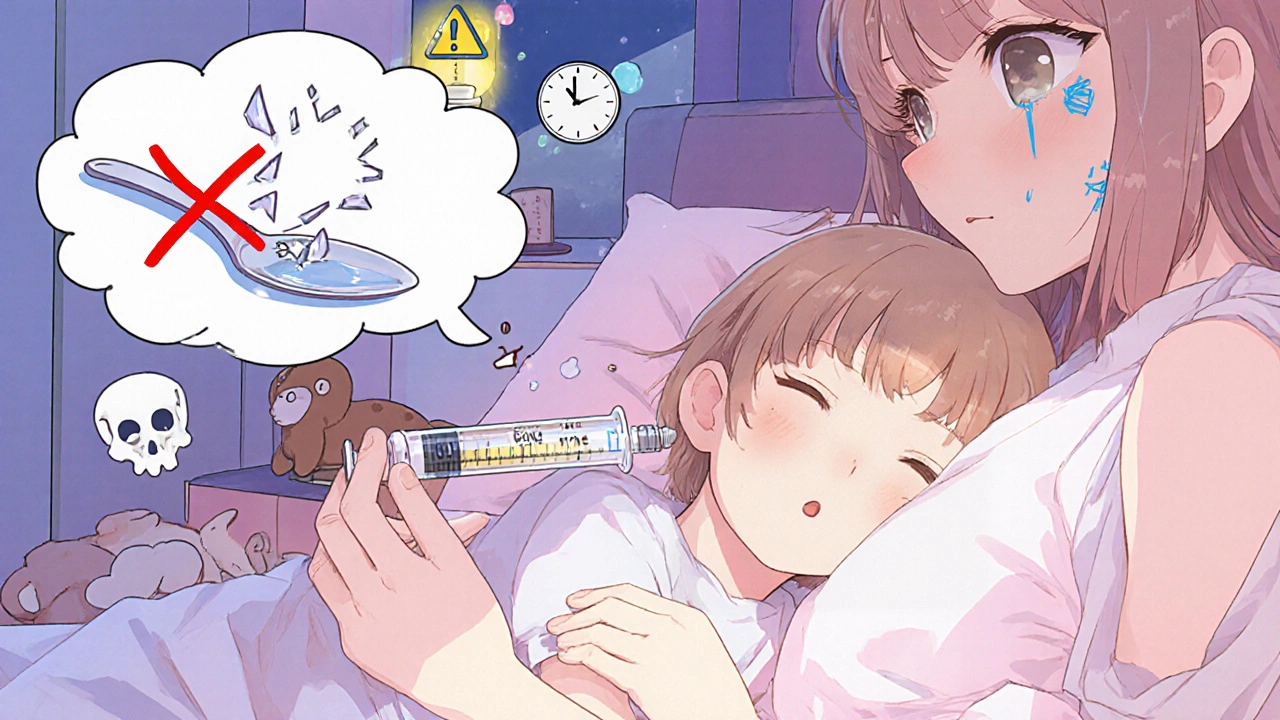 A mother uses a dosing syringe to give medicine to her sleeping child, with a shattered spoon symbolizing safe dosing.