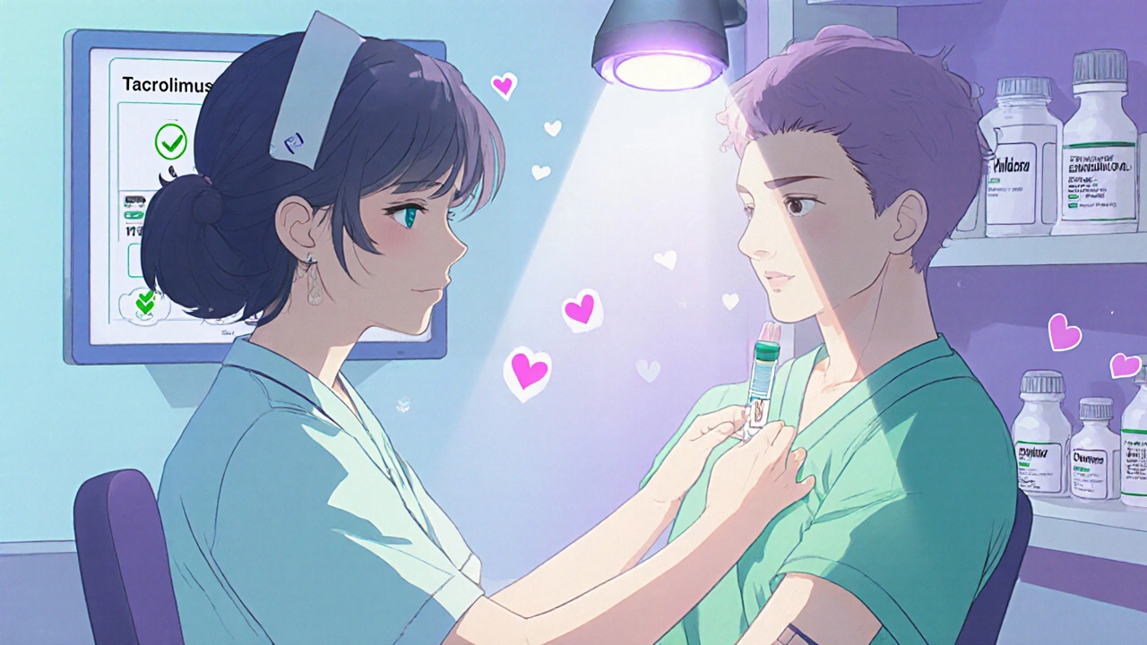 A nurse checks a blood sample in a clinic as stable drug levels appear on a monitor.