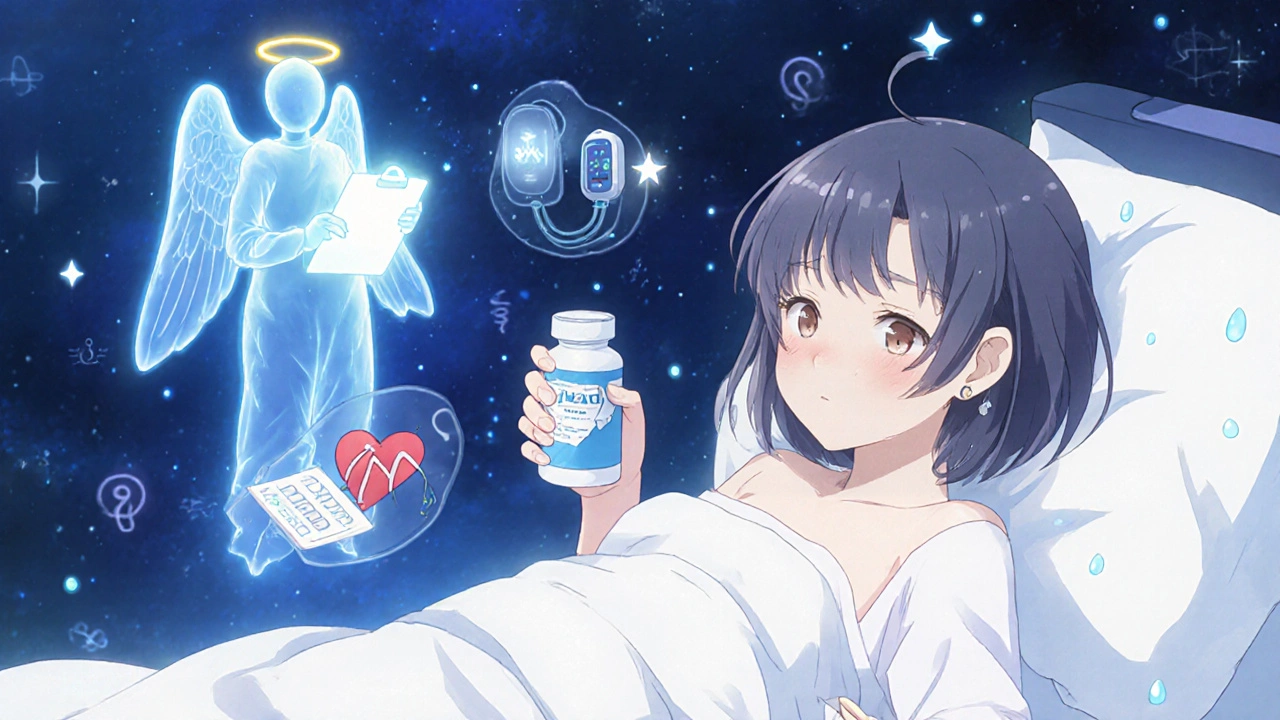 A patient lies in bed with ghostly images of drug failures above her, watched over by an angelic FDA figure.