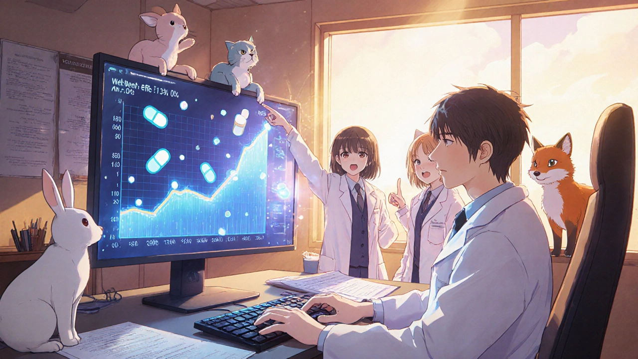 Cute FDA scientists analyze a holographic graph showing a spike in drug complaints.