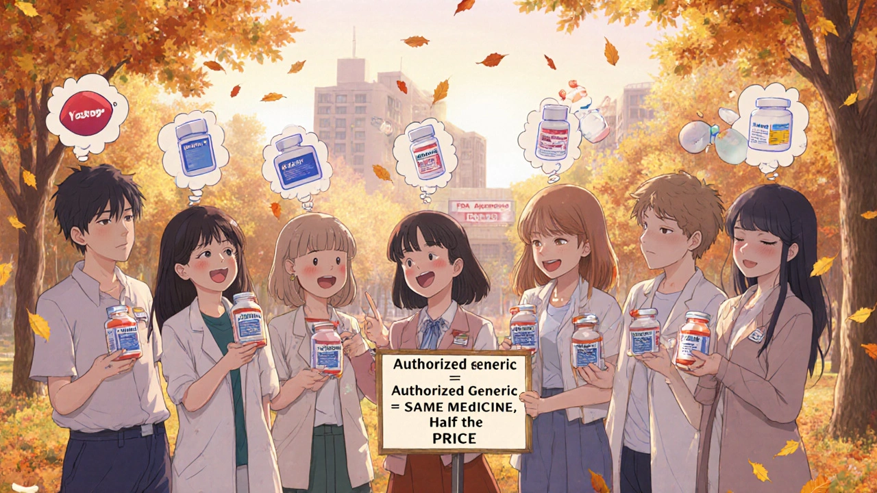 Diverse patients in park with identical pill icons above heads, smiling, autumn leaves swirling around.