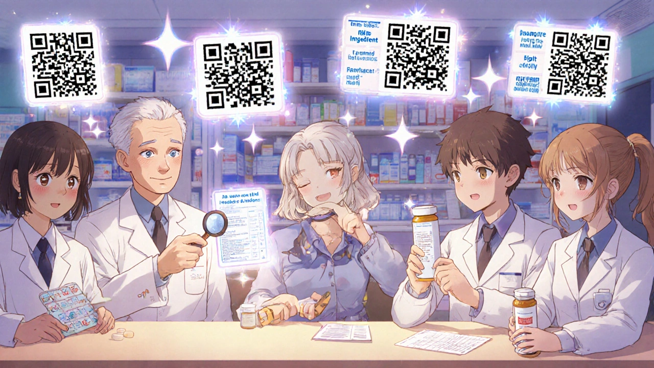 Diverse people at a pharmacy with floating QR codes projecting animated dosage instructions in a friendly setting.