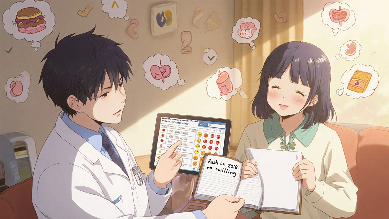 Doctor and patient reviewing detailed allergy history with color-coded icons in clinic.