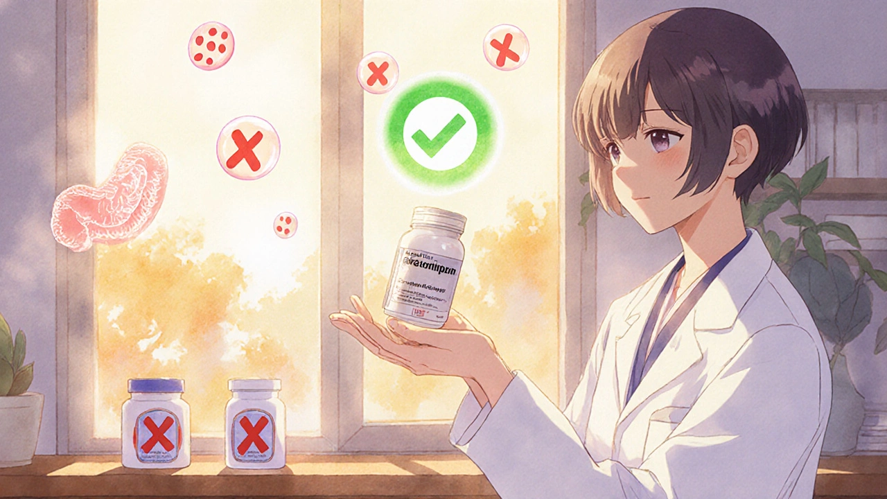 Doctor giving acetaminophen to patient, with NSAIDs marked by fading red Xs and a healing stomach icon glowing green.