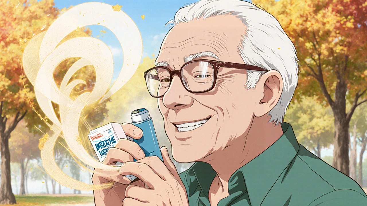 Elderly man inhaling deeply with a dry powder inhaler, golden particles spiraling into his lungs.
