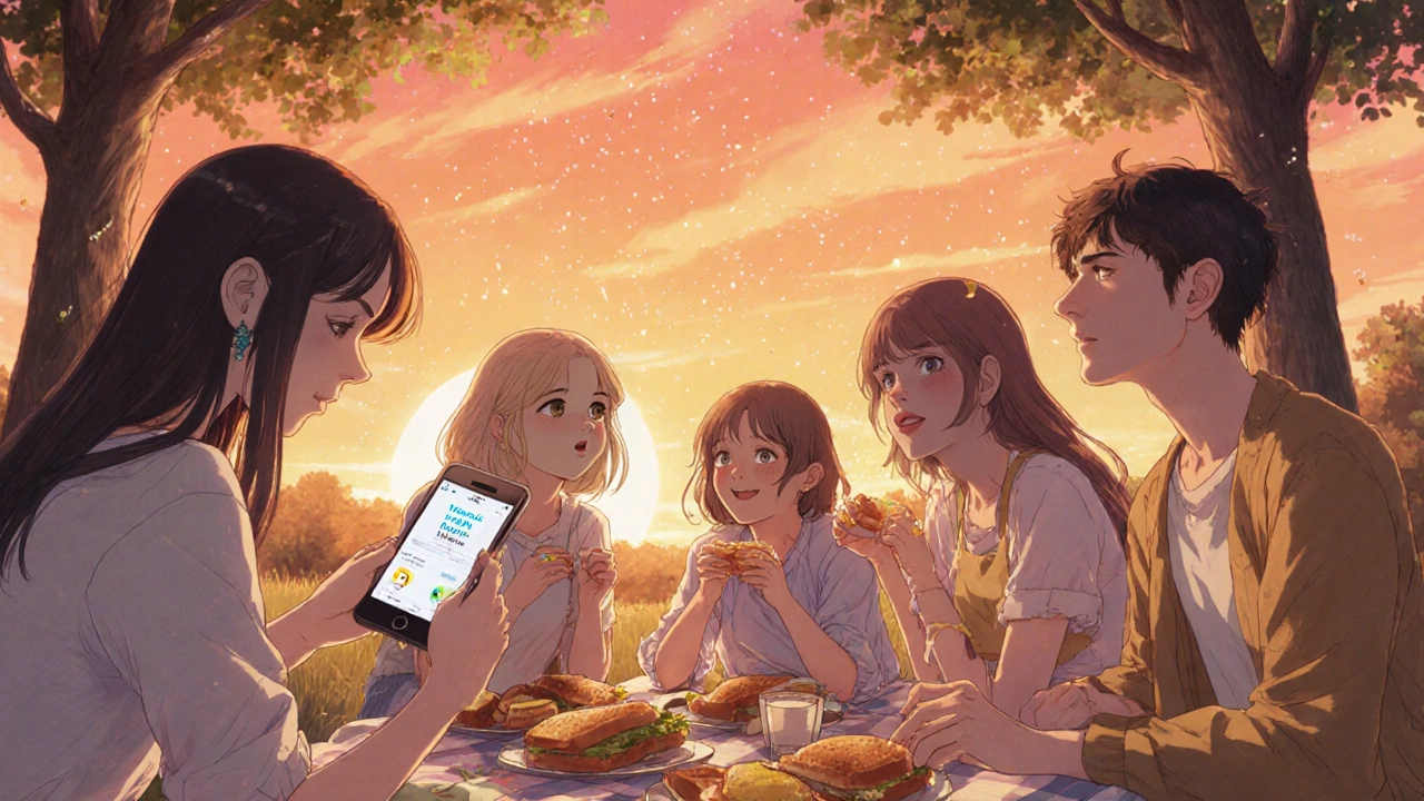 Friends enjoy a sunset picnic while one checks a high-pollen alert on her phone.