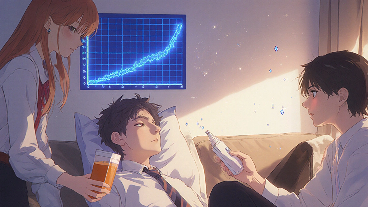 Friends helping an unconscious person with glucagon spray and juice box in a cozy room.