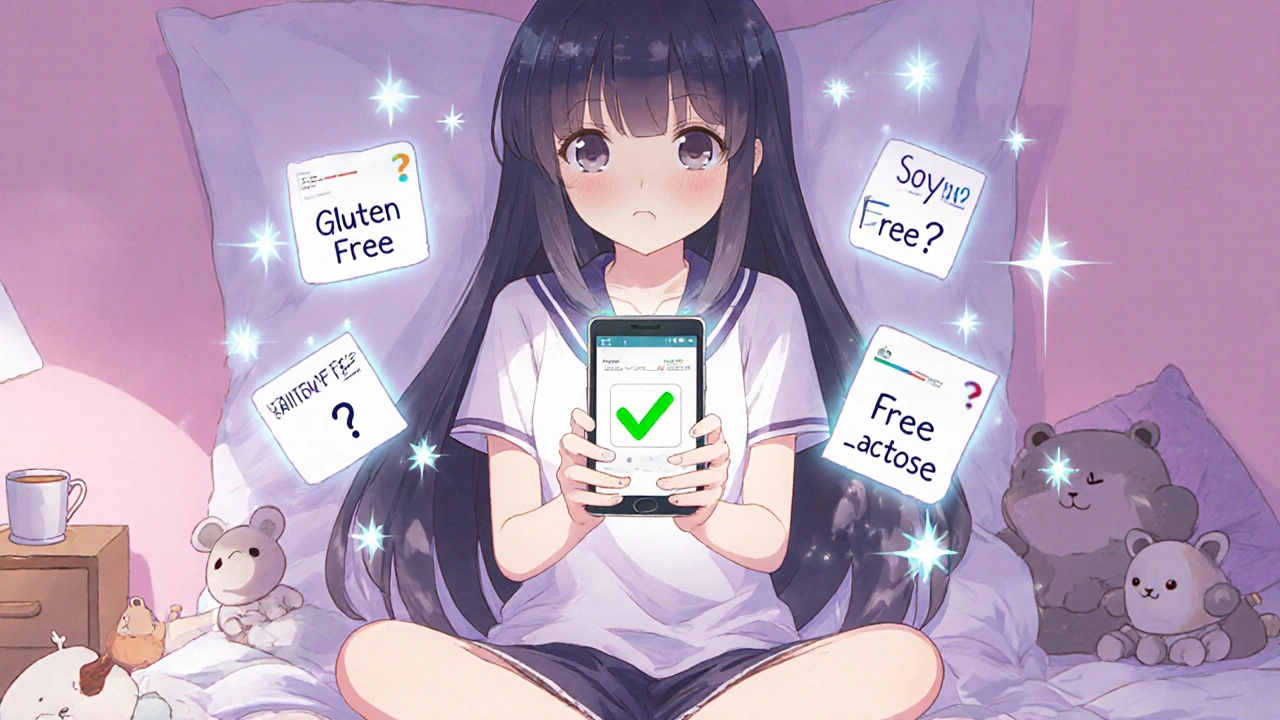 Girl checking her medication safety on a smartphone app with glowing labels in cozy anime bedroom setting.