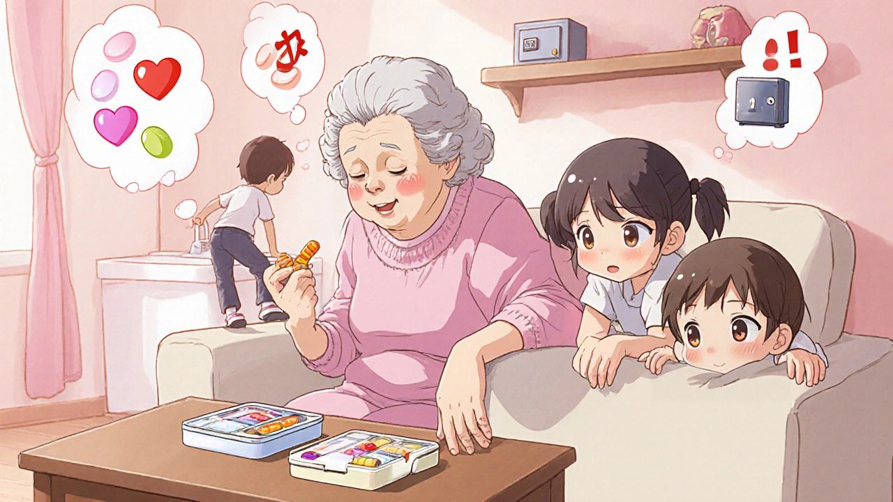 Grandmother and grandchildren near unlocked pill organizer on coffee table, candy-like pills in view.