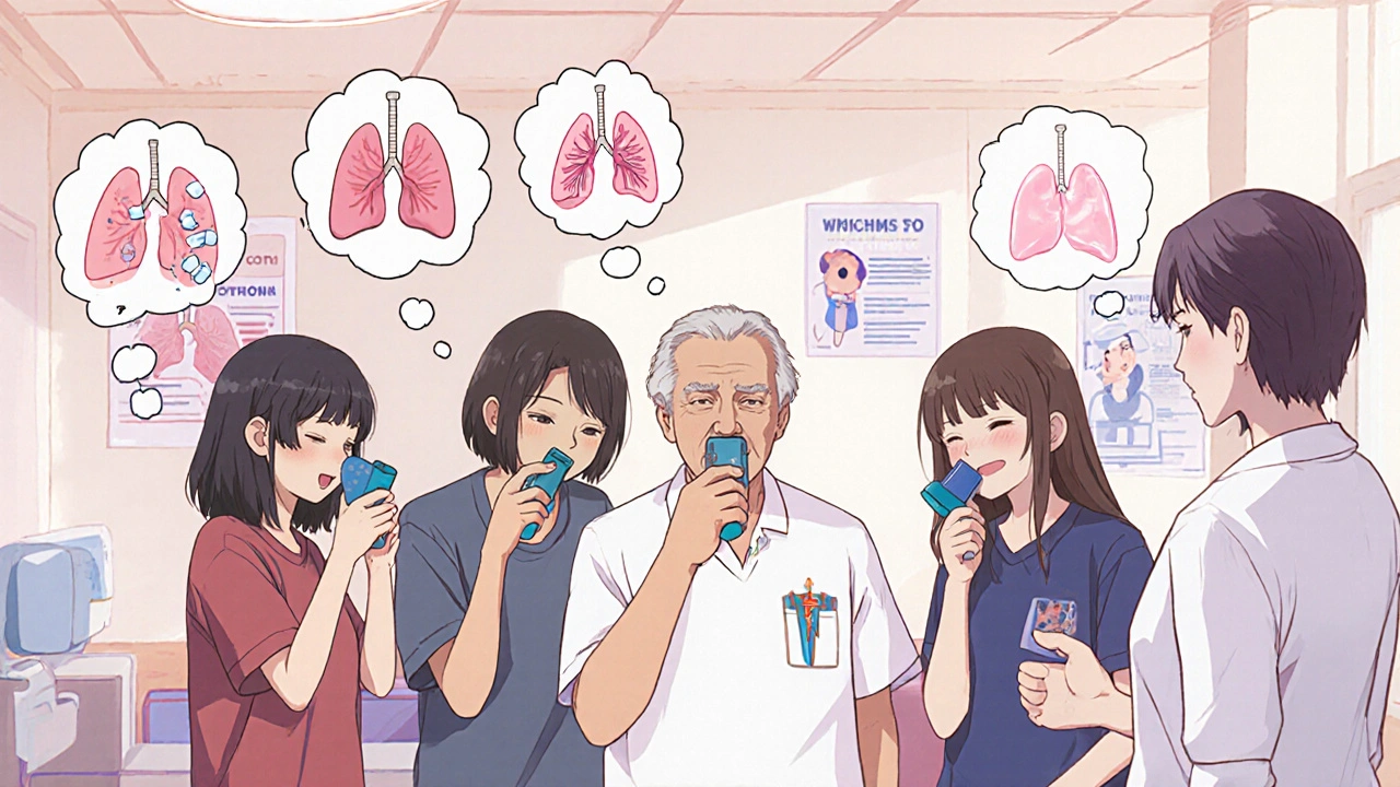 Group of people practicing inhaler techniques in a clinic with animated technique comparisons.