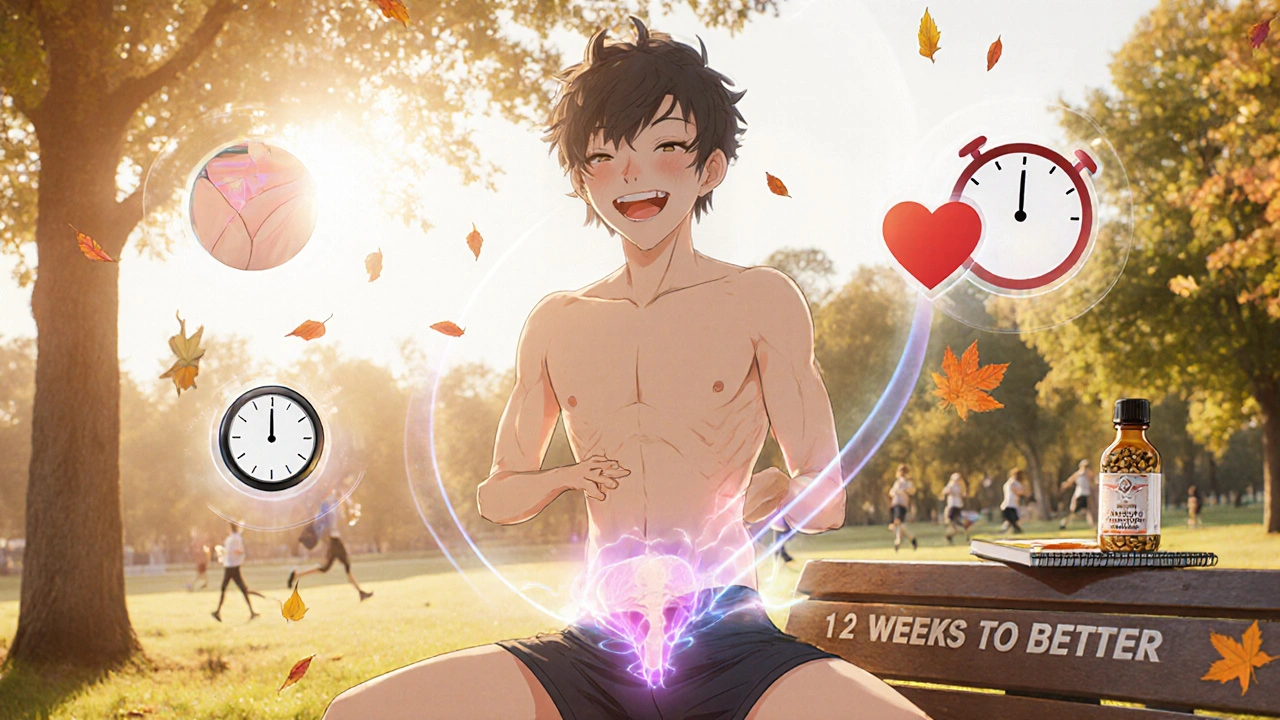 Man doing Kegel exercises in a park with glowing pelvic muscles and health icons floating nearby.