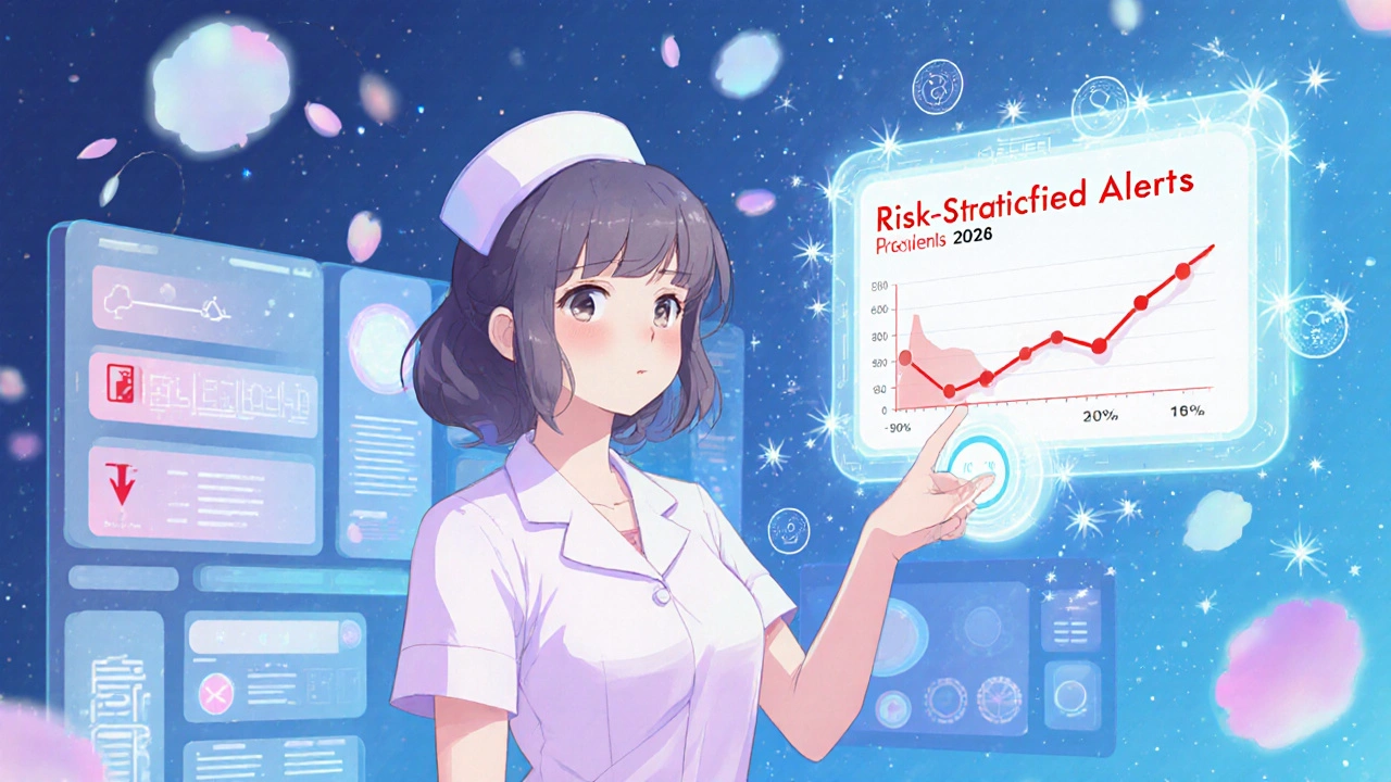 Nurse activating smart alert system with falling red warning icons and digital petals.