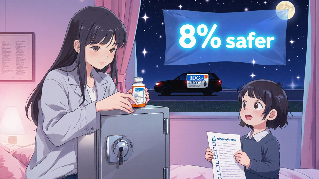 Parent demonstrating locked medication safe during family safety drill, child watching intently.