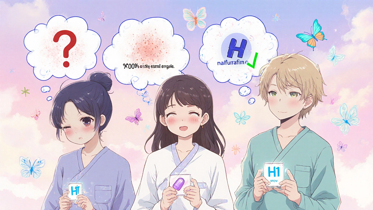 Patients hold different opioids with thought bubbles showing itch relief and a glowing nalfurafine pill, surrounded by butterfly symbols.