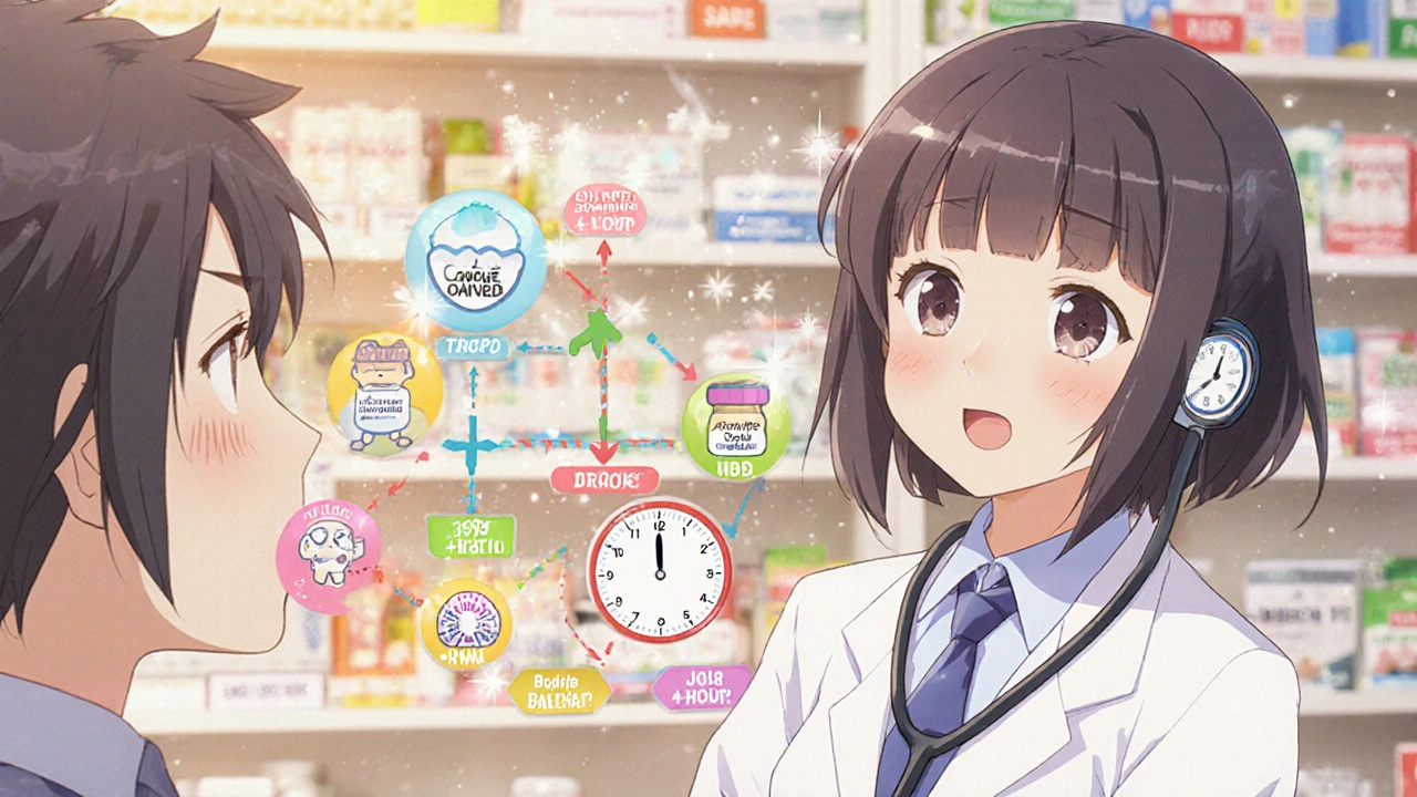 Pharmacist explaining supplement timing with animated flowchart in moe anime style