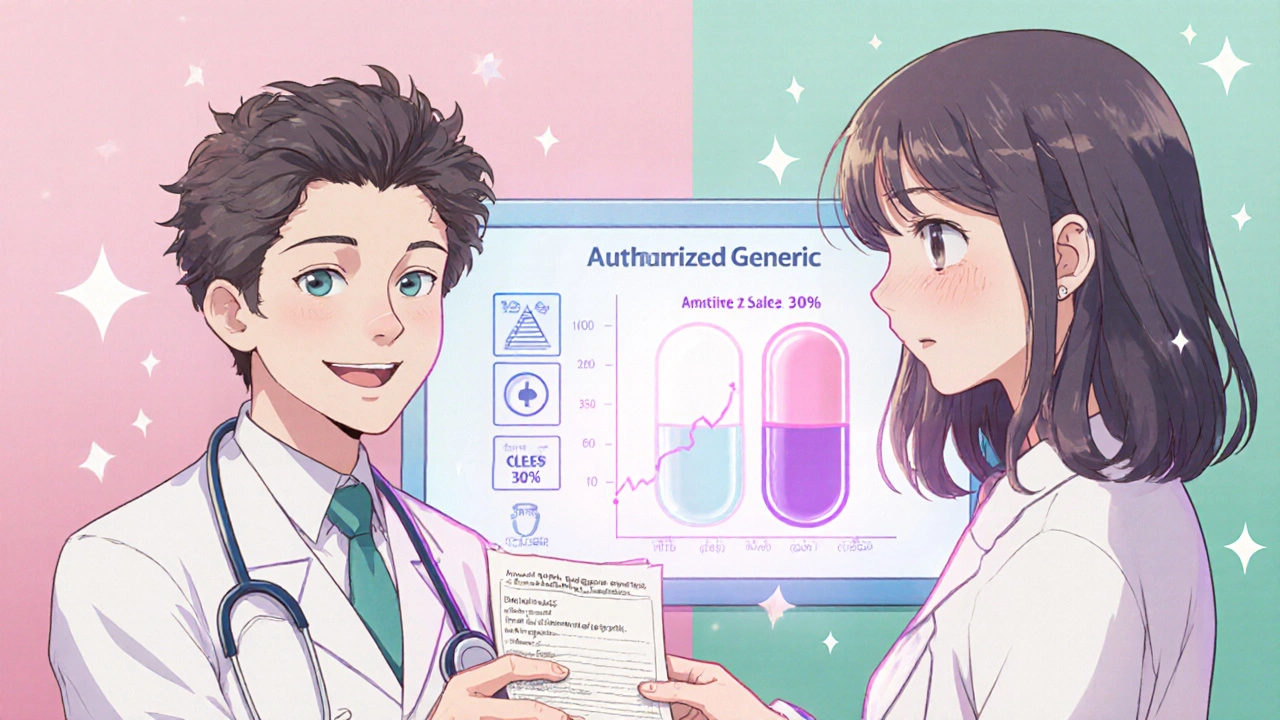 Pharmacist giving prescription to patient, floating identical pill icons and savings chart in background.