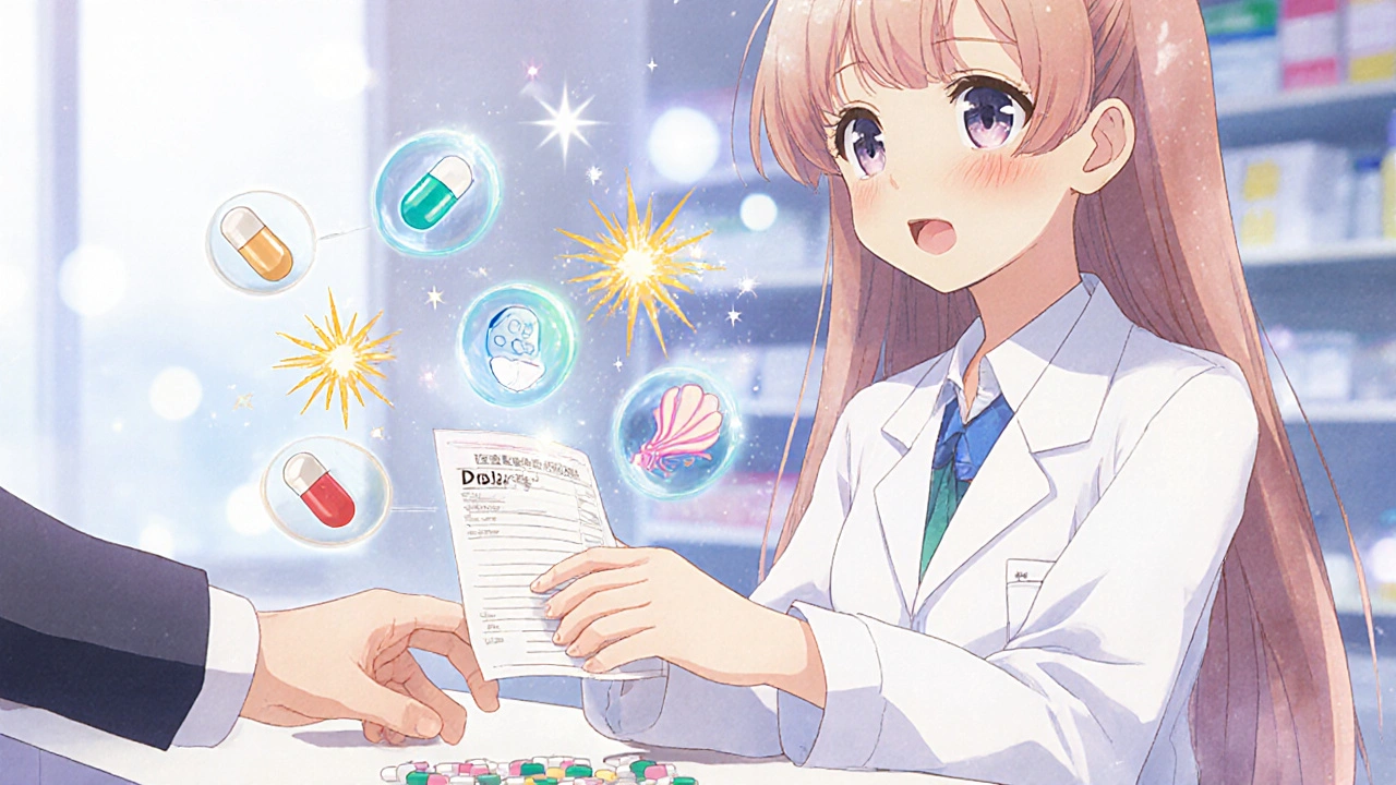 Pharmacist handing a prescription while hidden allergen icons float above the pills in moe anime style.
