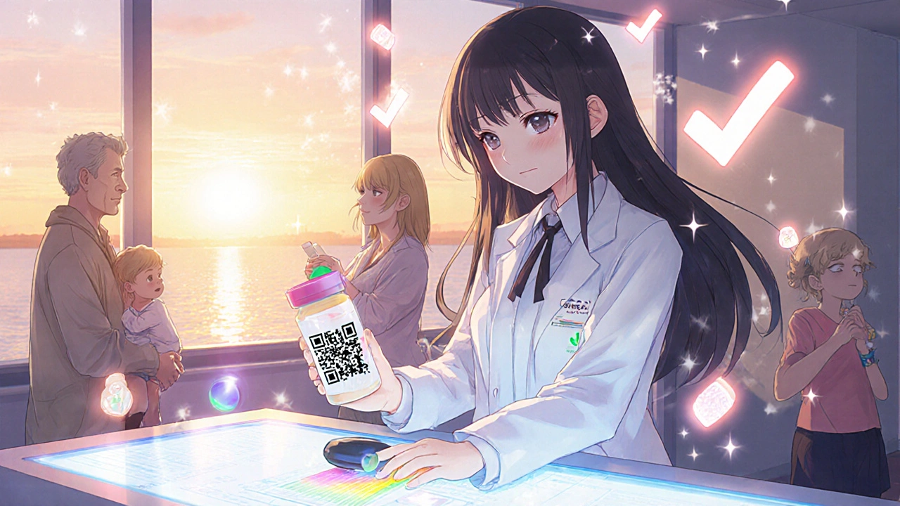 Pharmacist scanning a QR-coded medication package as data streams flow, symbolizing future-safe dispensing.