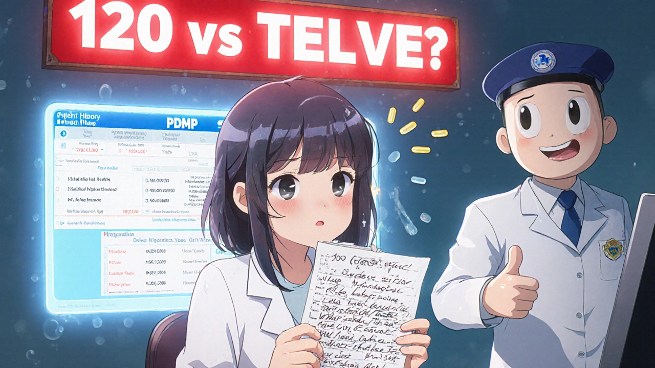 Pharmacist spotting a quantity mismatch on a handwritten prescription, with PDMP data and a mascot DEA agent helping.