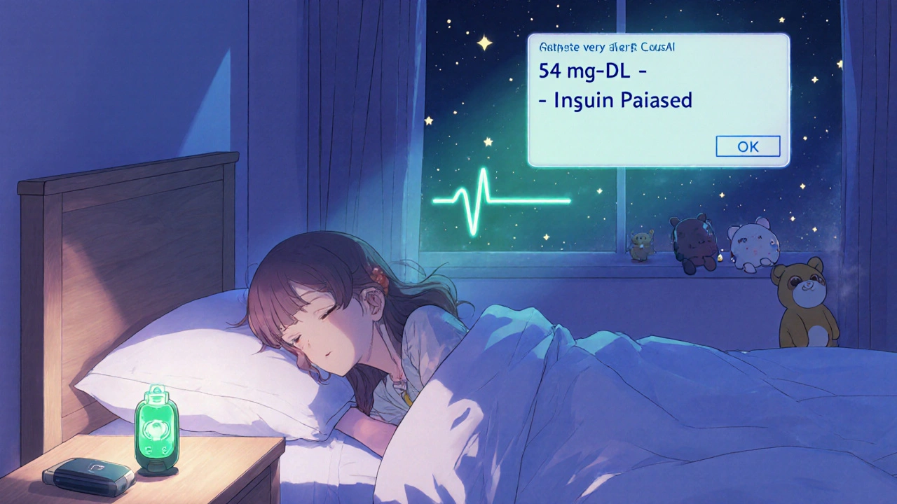 Sleeping person with smart insulin pump glowing green, showing predictive low alert at night.