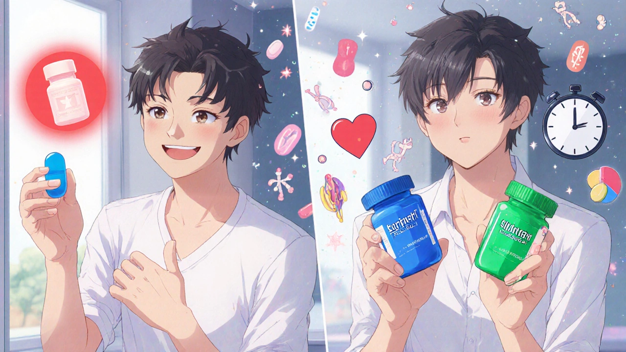 Split scene showing single sildenafil pill vs. dual-pill combination for ED and premature ejaculation.