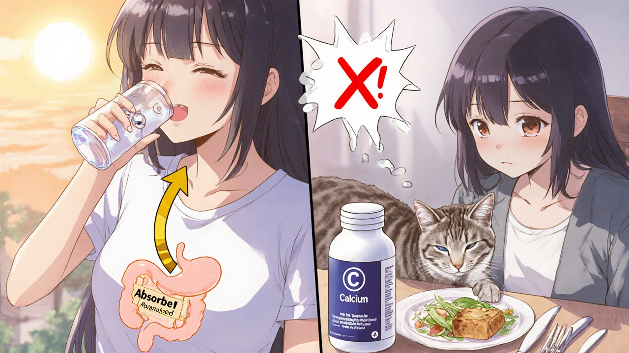 Split scene: woman taking thyroid pill at dawn vs. calcium at dinner with time arrows