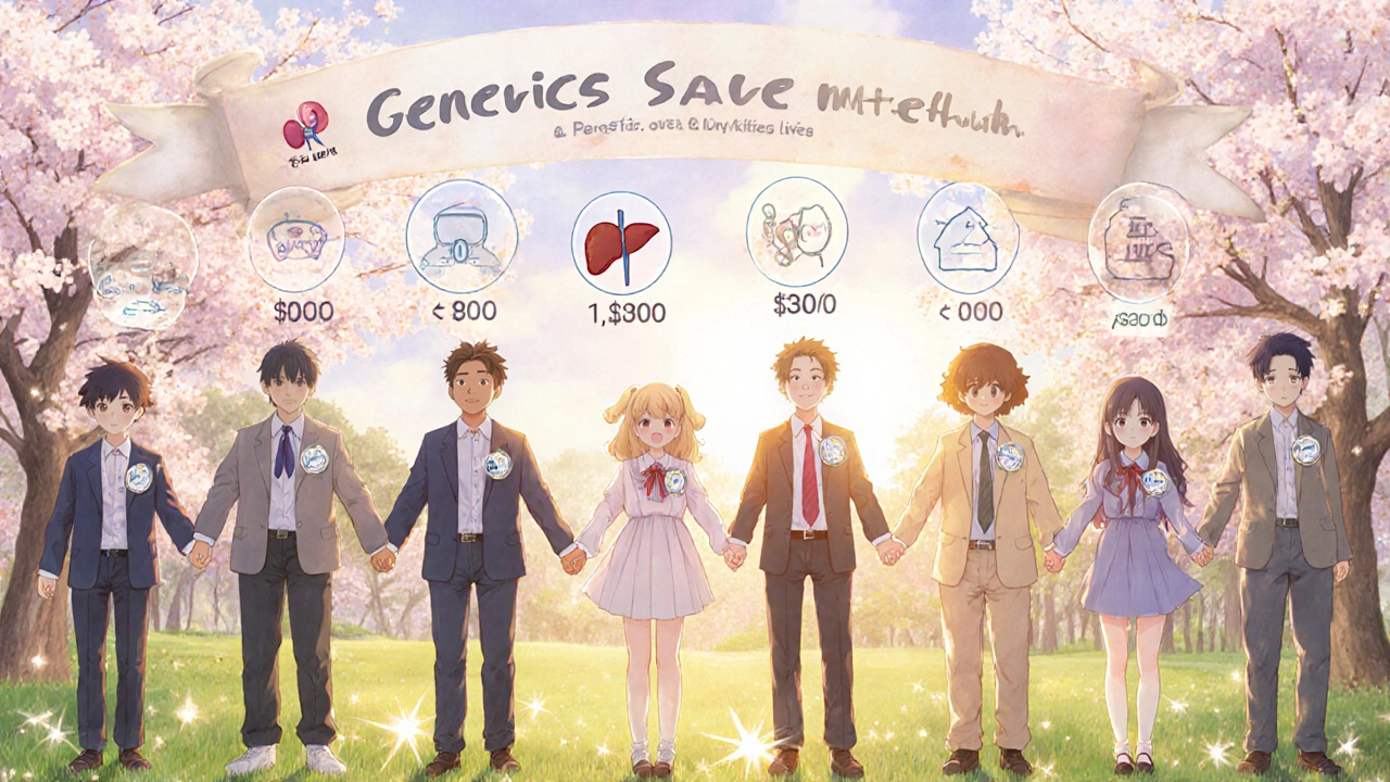 Transplant survivors hold hands in a park with icons showing cost savings and blooming cherry blossoms.