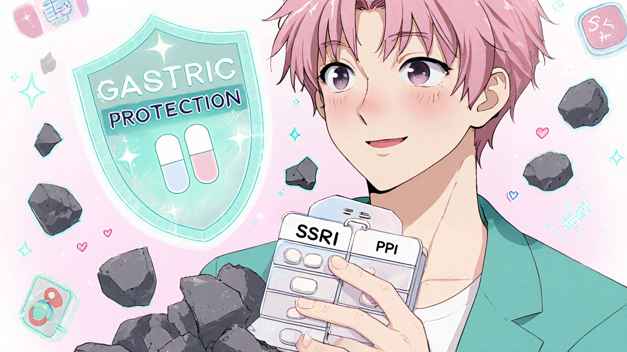 Young man with pill organizer, protected by a glowing shield as harmful fragments fall away, in cute anime style.