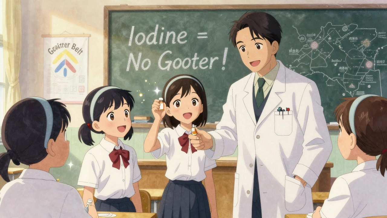 1917 Ohio classroom where a doctor gives iodine tablets to smiling schoolgirls, with a chalkboard showing &#039;Iodine = No Goiter&#039;.