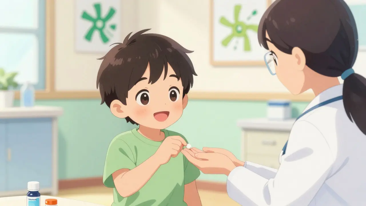 4-year-old boy smiling as he takes his daily loratadine chewable from a pediatrician