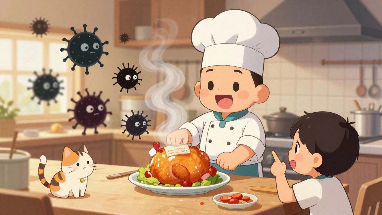 A chef preparing chicken labeled &#039;Raised Without Antibiotics&#039; with shadowy superbugs escaping.