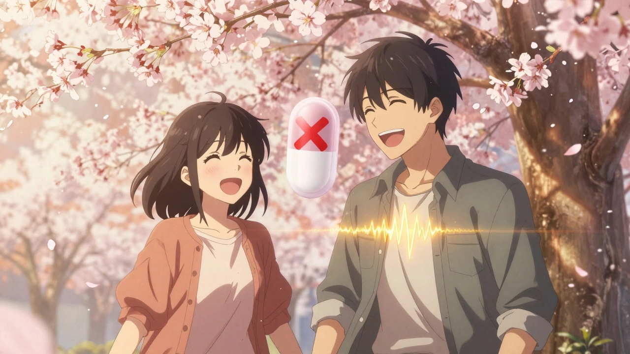 A couple holding hands under cherry blossoms, with a dopamine wave symbolizing restored libido after adding bupropion to their antidepressant.