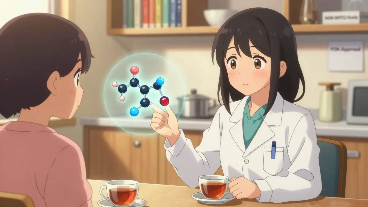A doctor and patient sit at a kitchen table, discussing molecular similarities between a biologic and its biosimilar with glowing diagrams.