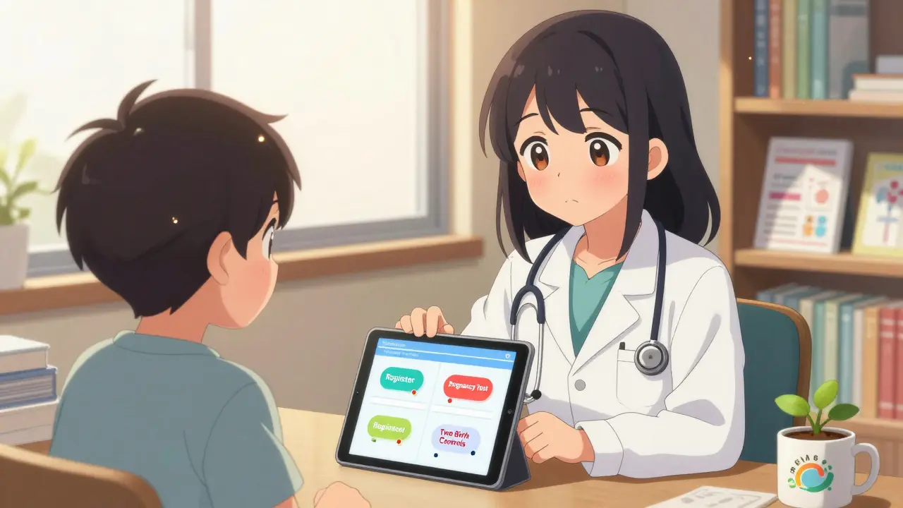 A doctor and patient view an enrollment tablet together, with pop-up safety steps and warm light in a cozy room.