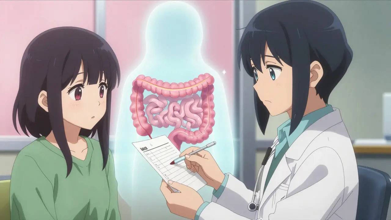 A doctor showing a blood test to a pale patient, with a ghostly image of intestinal bleeding behind them.