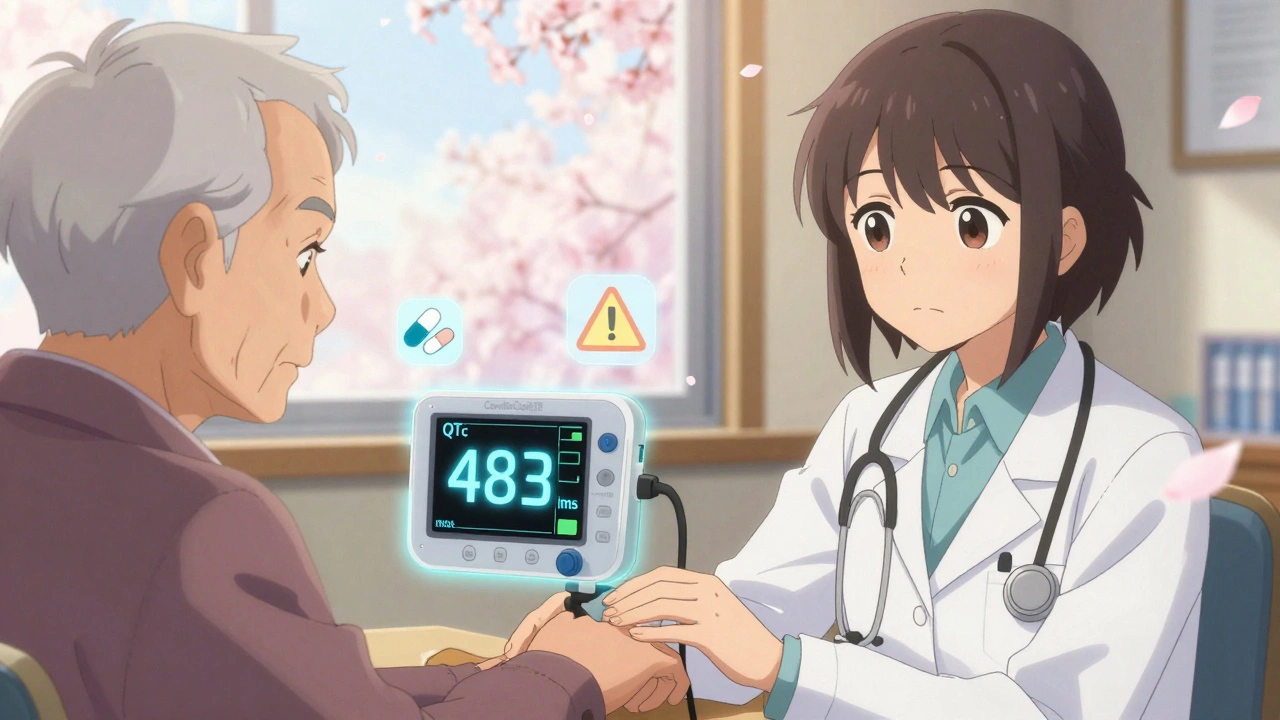 A doctor using a handheld ECG device on an elderly patient, with a digital QTc reading visible.