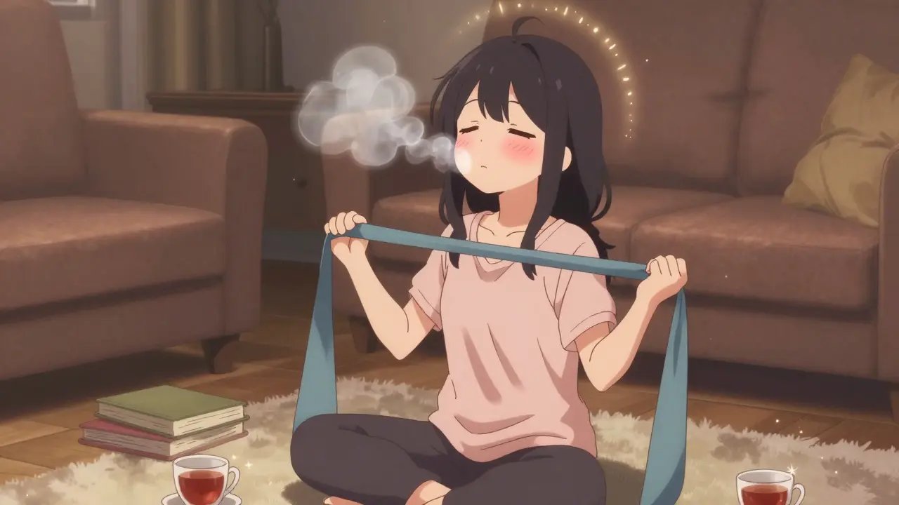 A girl doing a neck stretch at home, breathing deeply with soft light surrounding her.