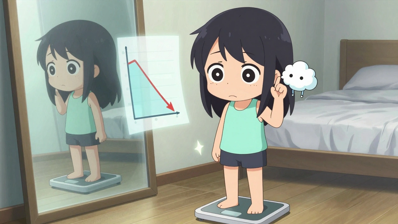 A girl looking at a scale as a fluffy topiramate sprite helps her lose weight, with tingling sparkles and a descending graph in the background.