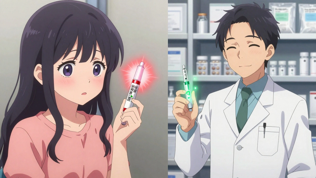 A girl nervously holding an expired EpiPen, contrasted with a pharmacist offering a fresh one.