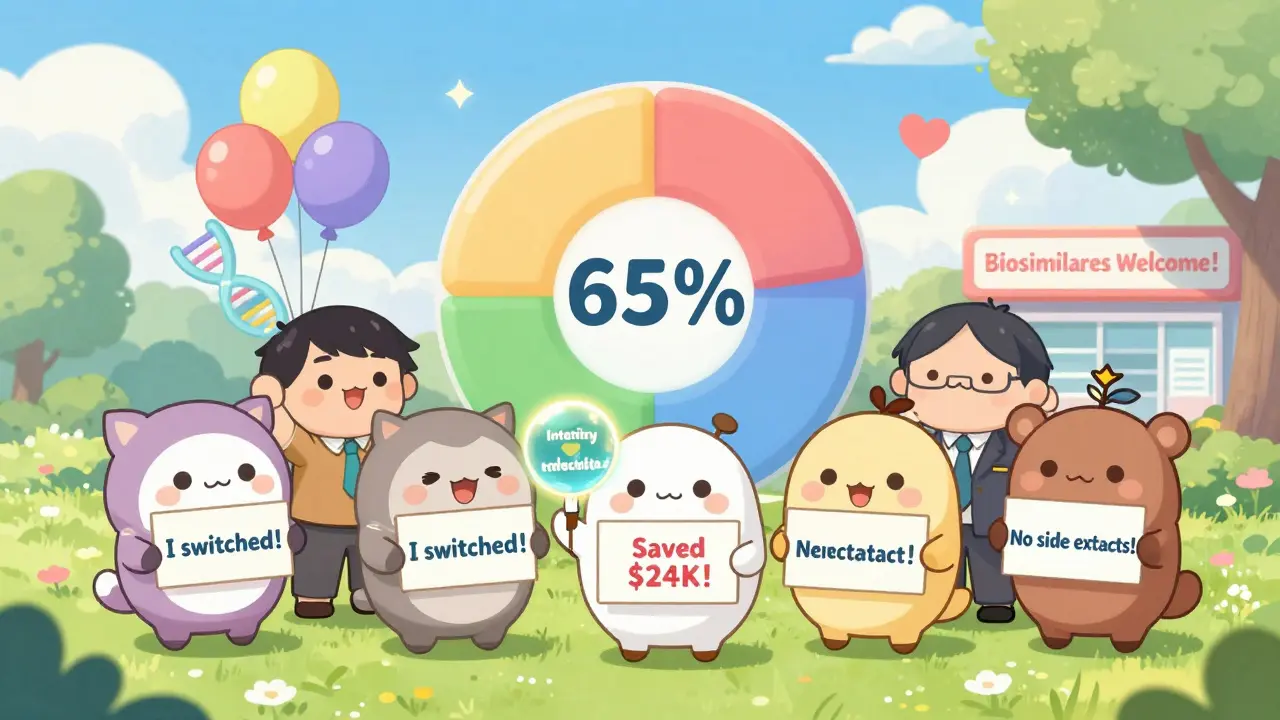 A group of happy people hold savings signs in a park, with a biosimilar adoption chart and DNA-shaped balloons floating above them.
