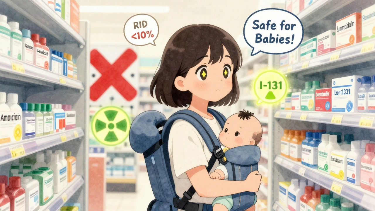 A mother confidently picks breastfeeding-safe medications at the pharmacy, with warnings clearly marked.