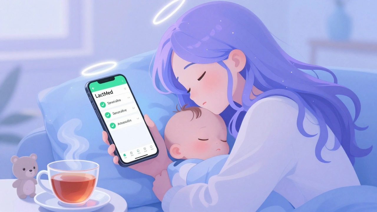 A mother texts on her phone showing a safe-medication app while cuddling her sleeping baby.