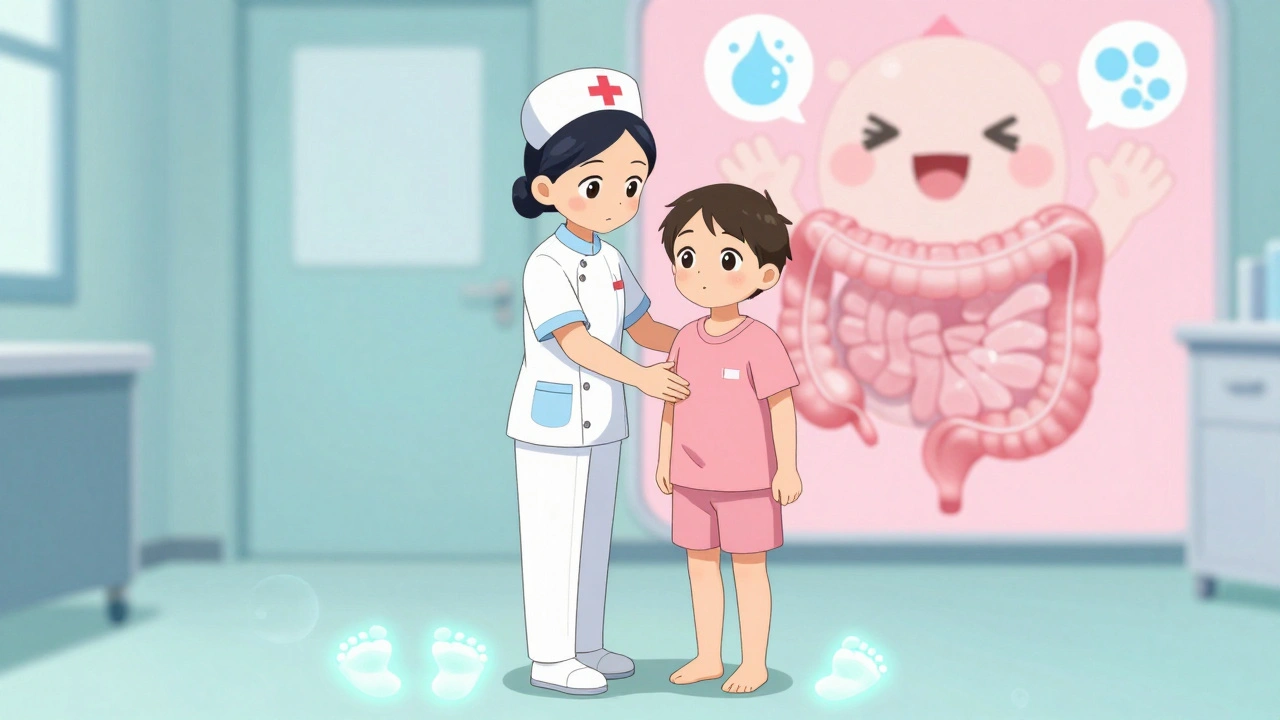 A nurse helping a patient walk for the first time after surgery, with glowing footprints symbolizing gut recovery.