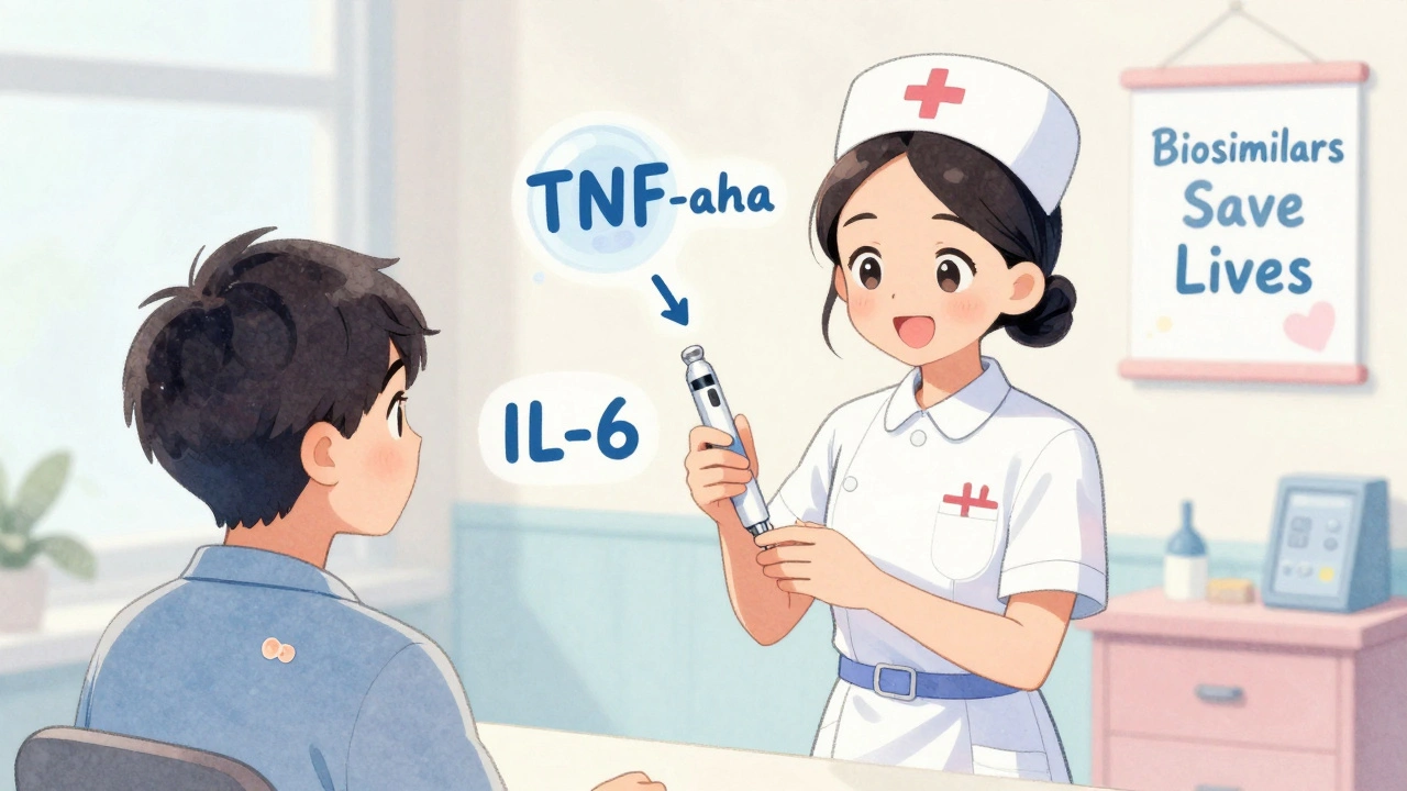 A nurse helping a patient with a biologic injection, showing targeted immune cells being blocked in a friendly anime scene.