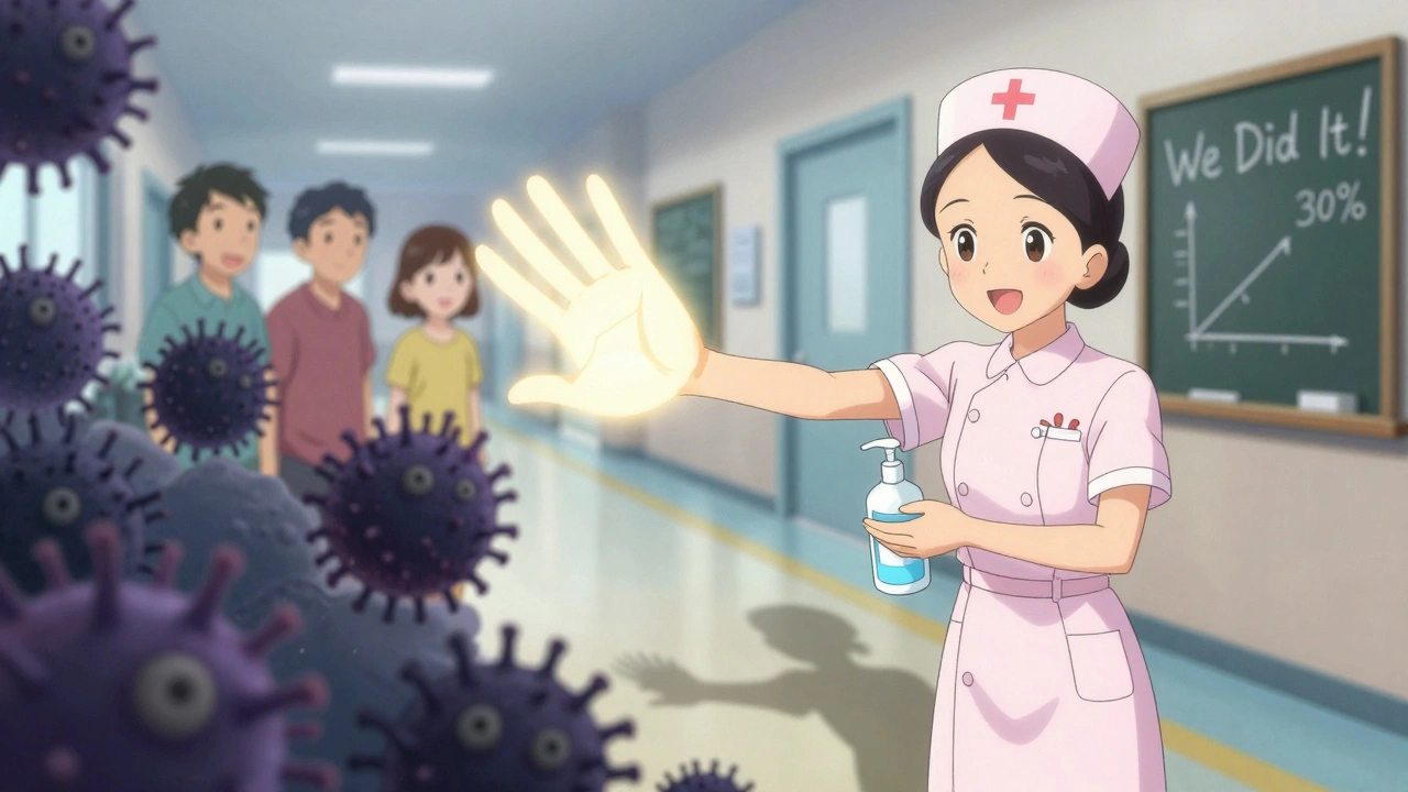 A nurse pushing back bacteria with sanitizer, patients smiling in a hopeful hospital hallway.