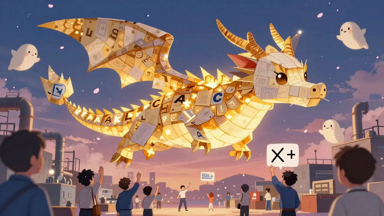 A paper dragon made of batch records flies above a factory, its scales glowing with ALCOA+ principles as workers cheer below.